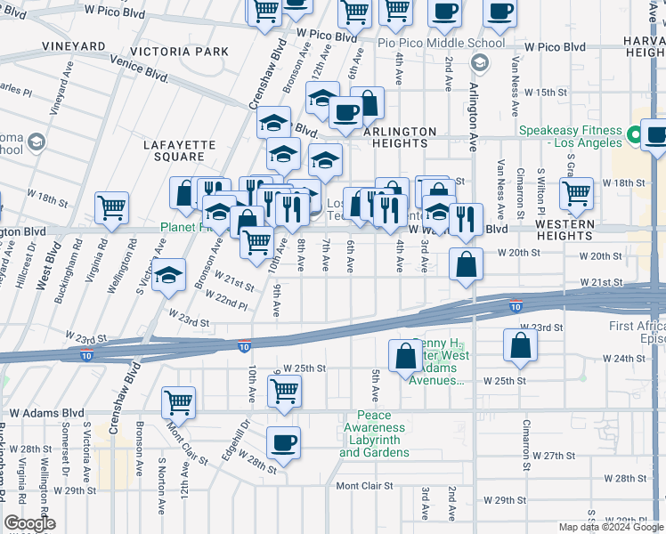 map of restaurants, bars, coffee shops, grocery stores, and more near 2030 7th Avenue in Los Angeles