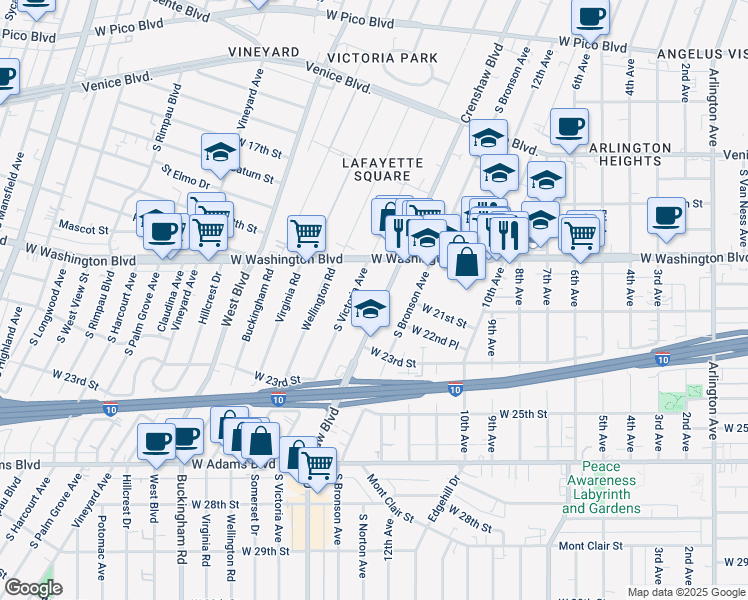 map of restaurants, bars, coffee shops, grocery stores, and more near 2216 Crenshaw Boulevard in Los Angeles