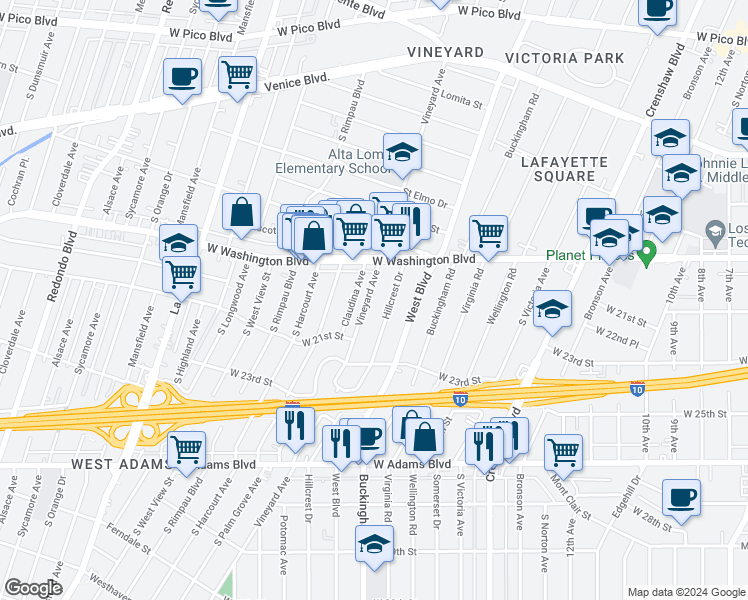 map of restaurants, bars, coffee shops, grocery stores, and more near 2006 Hillcrest Drive in Los Angeles
