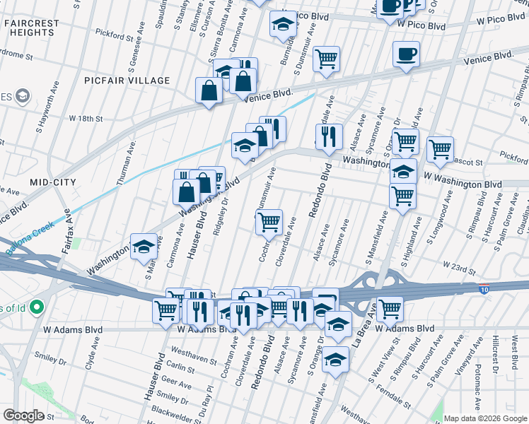 map of restaurants, bars, coffee shops, grocery stores, and more near 2221 South Dunsmuir Avenue in Los Angeles