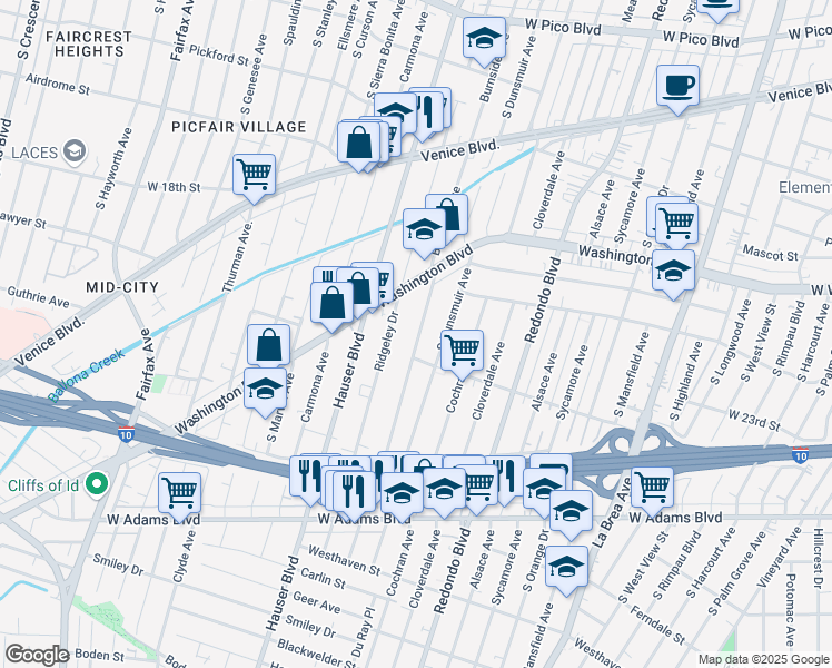 map of restaurants, bars, coffee shops, grocery stores, and more near 2117 South Burnside Avenue in Los Angeles