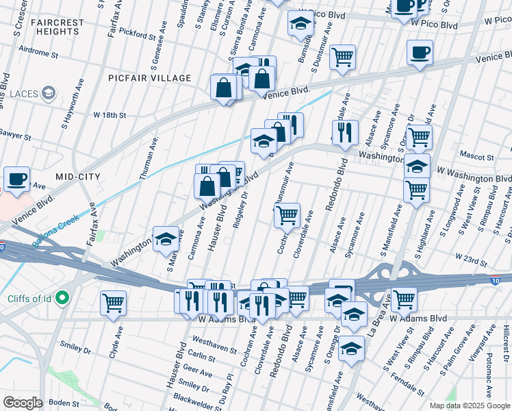 map of restaurants, bars, coffee shops, grocery stores, and more near 2117 South Burnside Avenue in Los Angeles