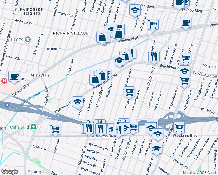 map of restaurants, bars, coffee shops, grocery stores, and more near 2117 South Burnside Avenue in Los Angeles