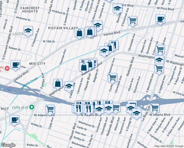 map of restaurants, bars, coffee shops, grocery stores, and more near 2100 Hauser Boulevard in Los Angeles