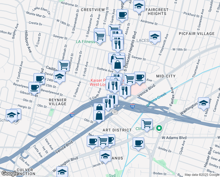 map of restaurants, bars, coffee shops, grocery stores, and more near in Los Angeles