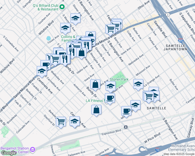 map of restaurants, bars, coffee shops, grocery stores, and more near 1730 Brockton Avenue in Los Angeles