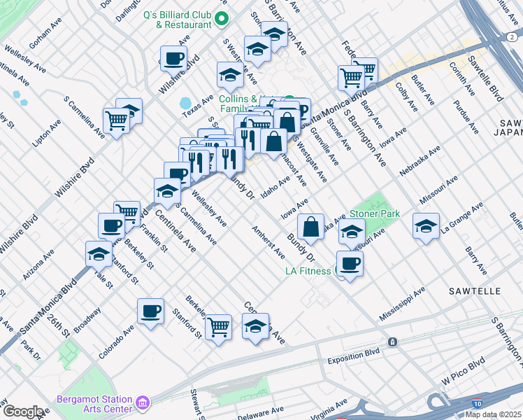 map of restaurants, bars, coffee shops, grocery stores, and more near 1627 South Bundy Drive in Los Angeles