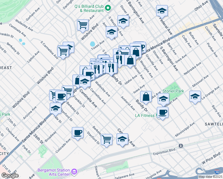 map of restaurants, bars, coffee shops, grocery stores, and more near in Los Angeles