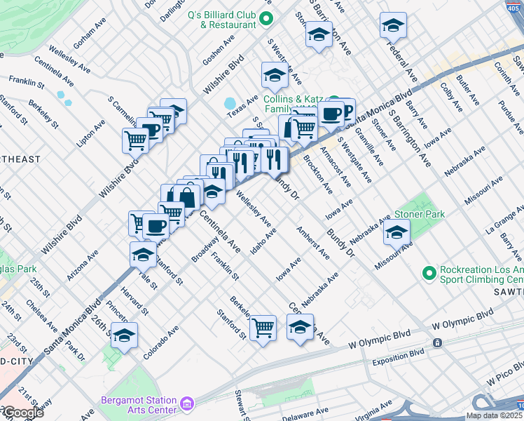 map of restaurants, bars, coffee shops, grocery stores, and more near 1529 Wellesley Avenue in Los Angeles