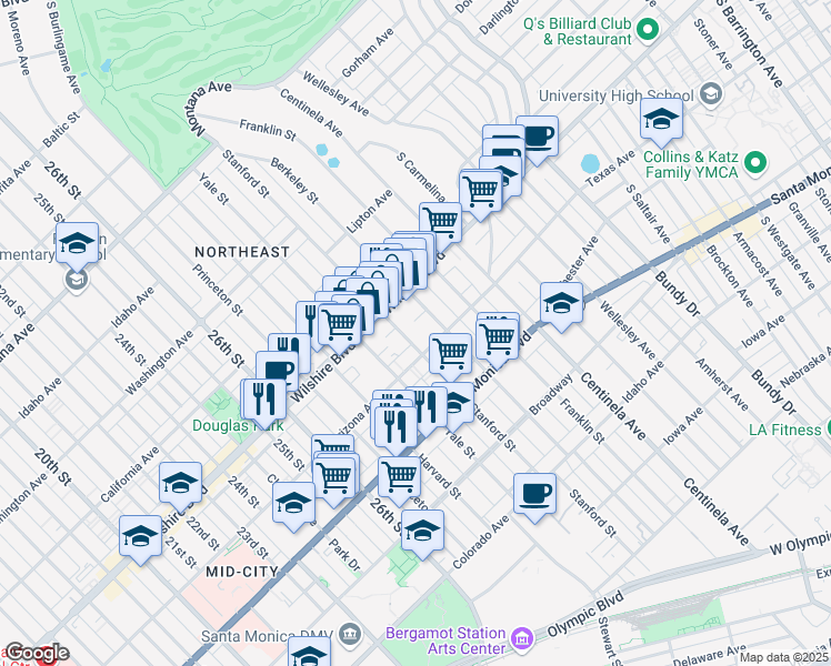 map of restaurants, bars, coffee shops, grocery stores, and more near 1244 Stanford Street in Santa Monica