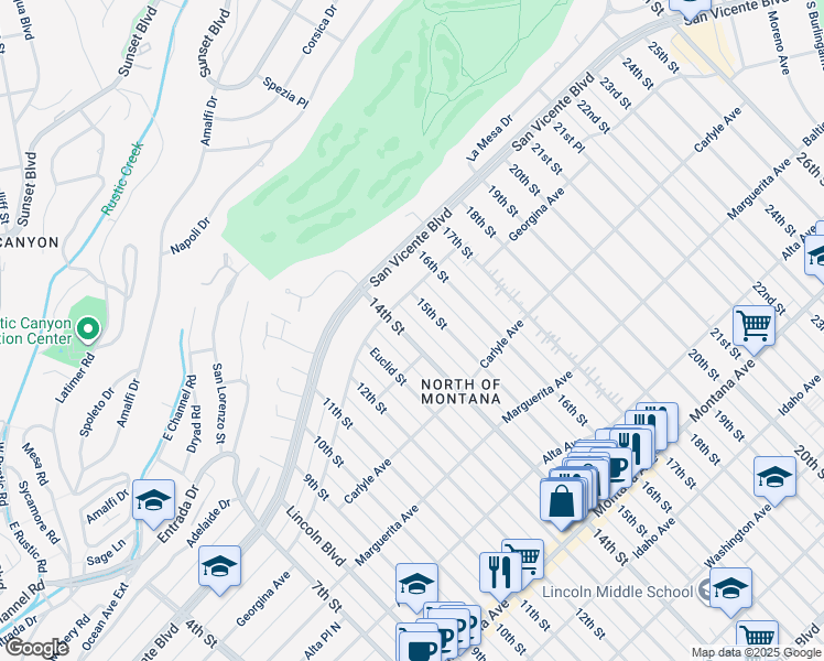 map of restaurants, bars, coffee shops, grocery stores, and more near 247 14th Street in Santa Monica