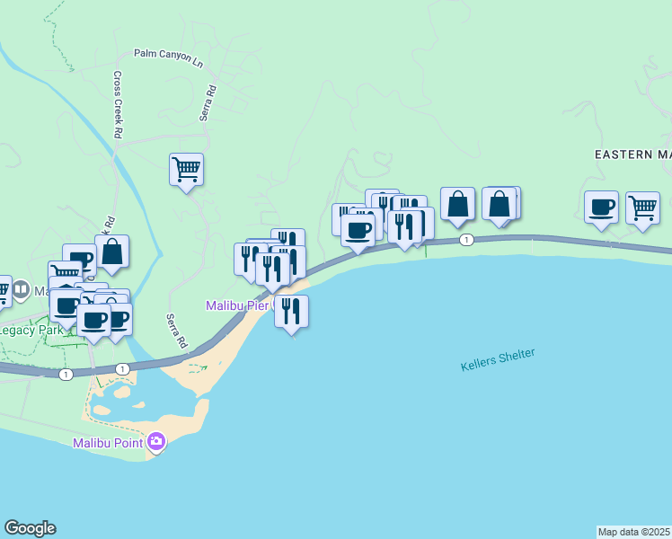 map of restaurants, bars, coffee shops, grocery stores, and more near 22860 Pacific Coast Highway in Malibu
