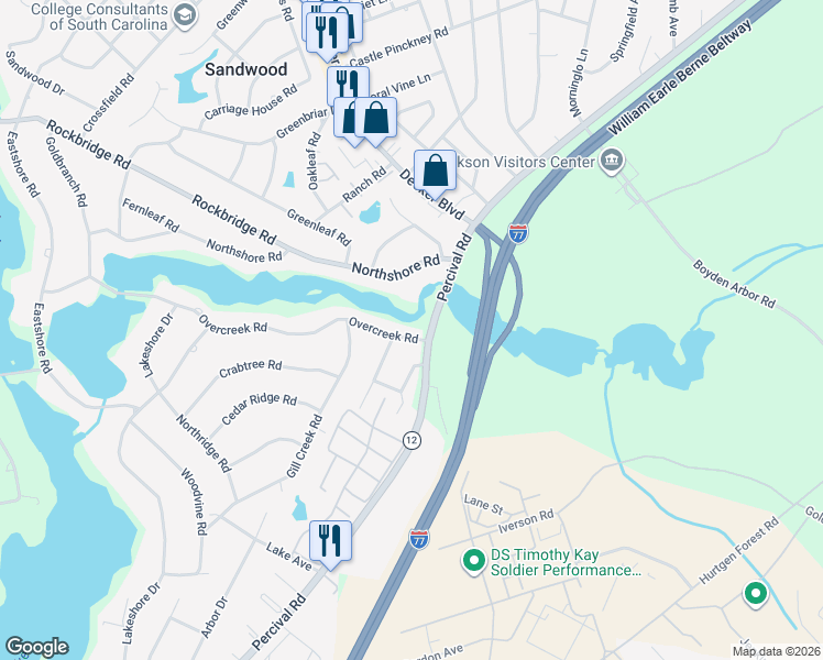 map of restaurants, bars, coffee shops, grocery stores, and more near 3301 Overcreek Road in Columbia