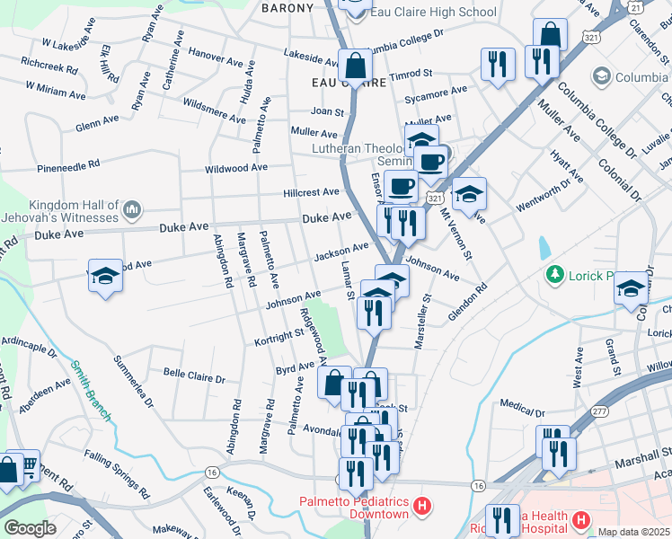 map of restaurants, bars, coffee shops, grocery stores, and more near 927 Johnson Avenue in Columbia