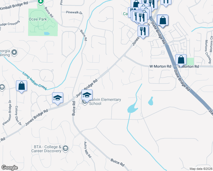 map of restaurants, bars, coffee shops, grocery stores, and more near 10520 Wynbridge Drive in Alpharetta
