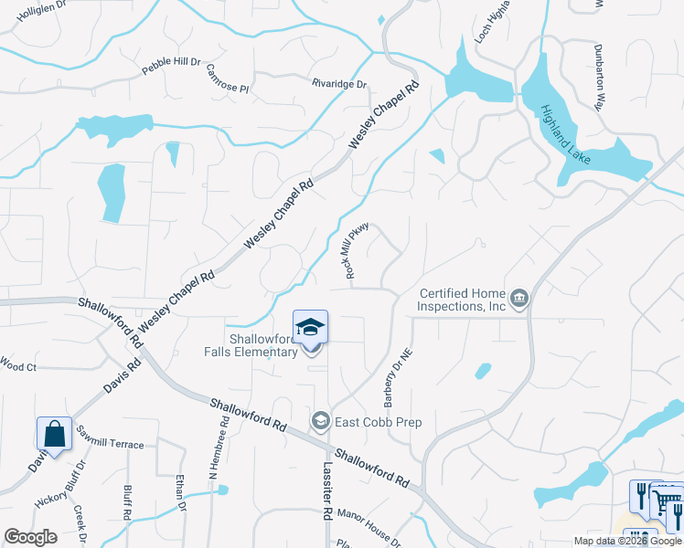 map of restaurants, bars, coffee shops, grocery stores, and more near 3885 Rock Mill Parkway in Marietta