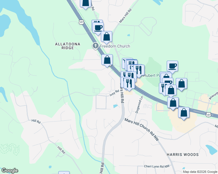 map of restaurants, bars, coffee shops, grocery stores, and more near 4900 Ivey Road in Acworth