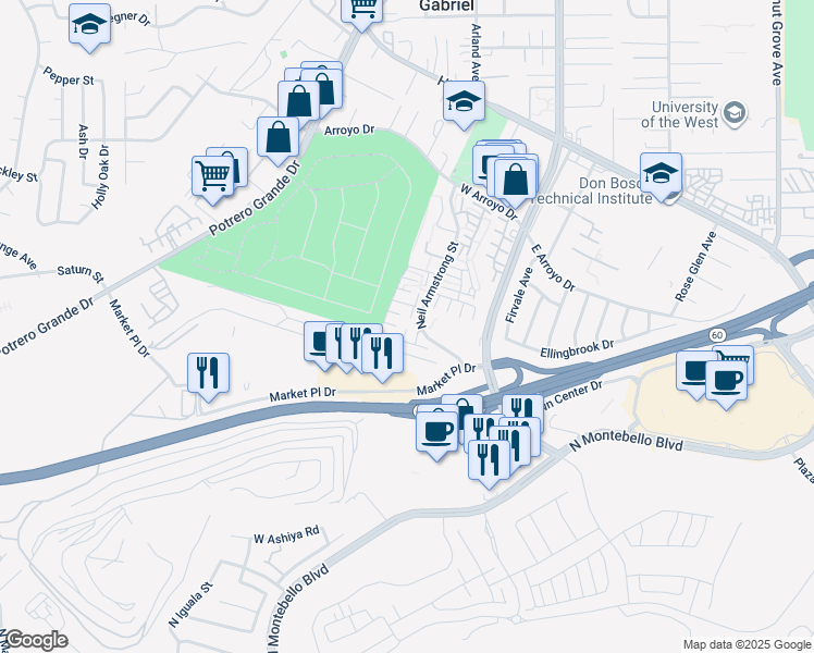 map of restaurants, bars, coffee shops, grocery stores, and more near 1635 Neil Armstrong Street in Montebello