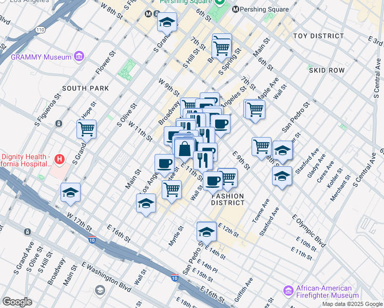 map of restaurants, bars, coffee shops, grocery stores, and more near 1028 1/2 Santee Street in Los Angeles