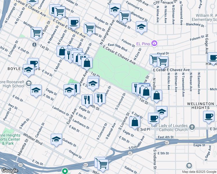 map of restaurants, bars, coffee shops, grocery stores, and more near 115 South Fresno Street in Los Angeles