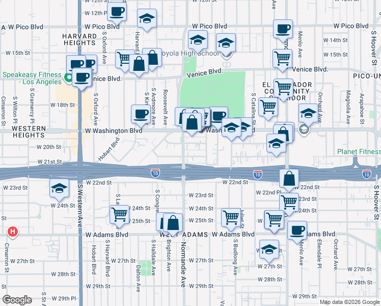 map of restaurants, bars, coffee shops, grocery stores, and more near 1875 West 20th Street in Los Angeles