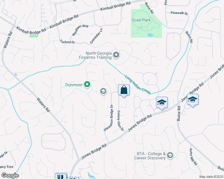 map of restaurants, bars, coffee shops, grocery stores, and more near 10635 Plantation Bridge Drive in Alpharetta
