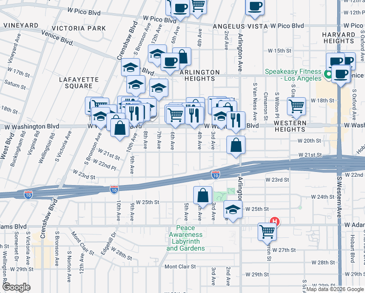 map of restaurants, bars, coffee shops, grocery stores, and more near 5th Avenue in Los Angeles