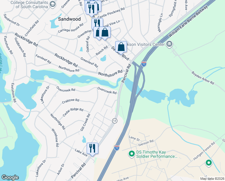 map of restaurants, bars, coffee shops, grocery stores, and more near 3301 Overcreek Road in Columbia