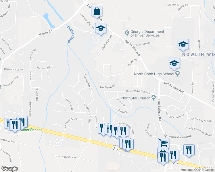 map of restaurants, bars, coffee shops, grocery stores, and more near 3785 Town Square Circle in Kennesaw