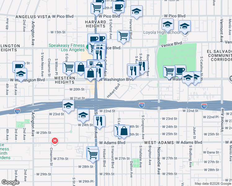 map of restaurants, bars, coffee shops, grocery stores, and more near 2068 South Hobart Boulevard in Los Angeles