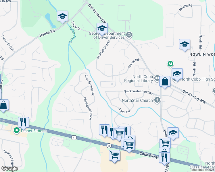 map of restaurants, bars, coffee shops, grocery stores, and more near 3779 Town Square Circle in Kennesaw