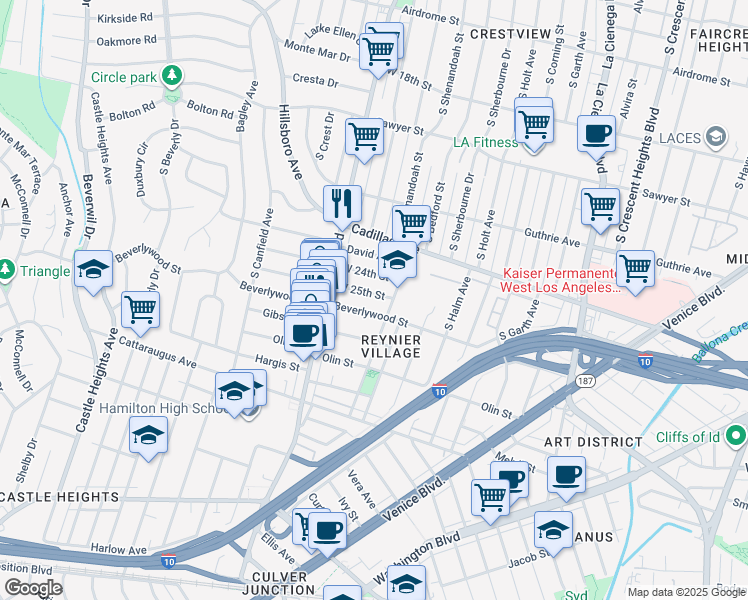 map of restaurants, bars, coffee shops, grocery stores, and more near 8922 West 25th Street in Los Angeles