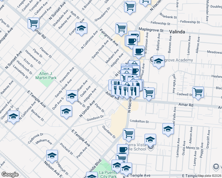 map of restaurants, bars, coffee shops, grocery stores, and more near 15219 Cadwell Street in La Puente