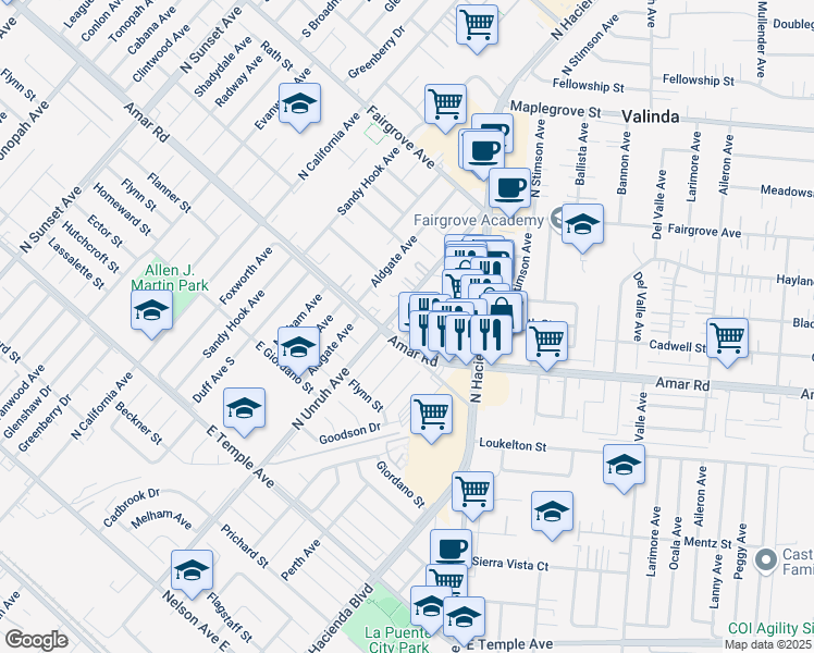 map of restaurants, bars, coffee shops, grocery stores, and more near 15219 Cadwell Street in La Puente