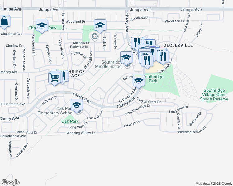 map of restaurants, bars, coffee shops, grocery stores, and more near 11820 Rustic Place in Fontana