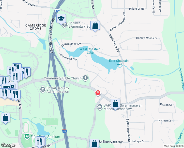map of restaurants, bars, coffee shops, grocery stores, and more near 151 Lakeside Drive Northwest in Kennesaw