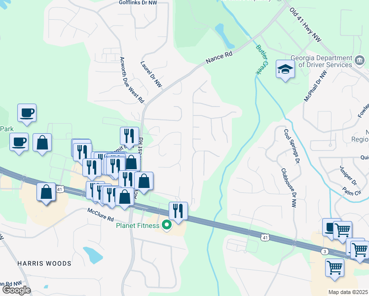 map of restaurants, bars, coffee shops, grocery stores, and more near 4287 Grand Oaks Drive Northwest in Kennesaw