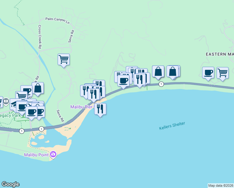 map of restaurants, bars, coffee shops, grocery stores, and more near 22860 Pacific Coast Highway in Malibu