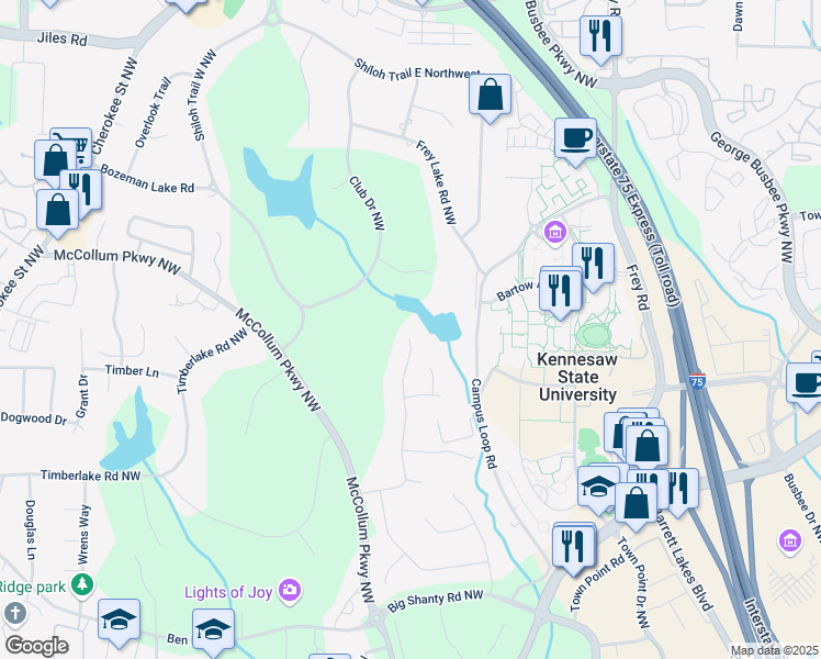 map of restaurants, bars, coffee shops, grocery stores, and more near 3200 Country Club Court Northwest in Kennesaw
