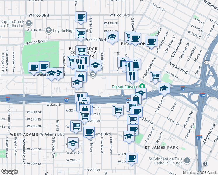 map of restaurants, bars, coffee shops, grocery stores, and more near 1445 West 20th Street in Los Angeles