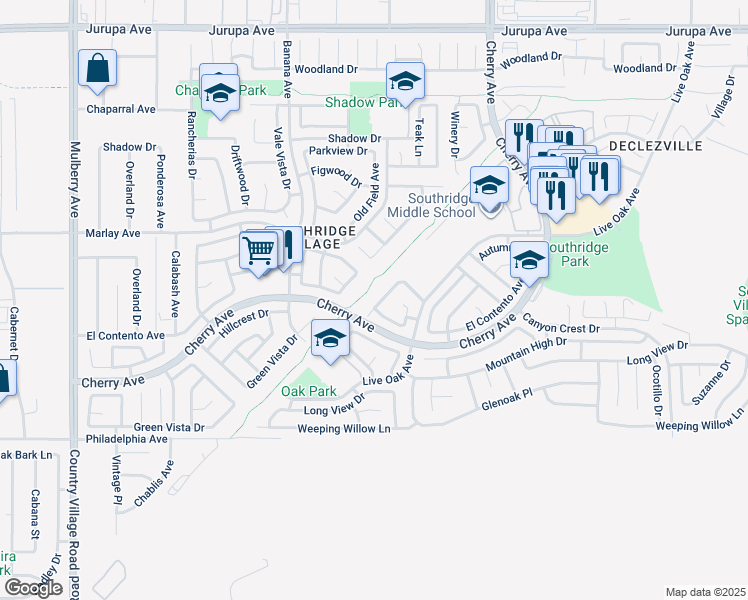 map of restaurants, bars, coffee shops, grocery stores, and more near 11870 Perlita Place in Fontana