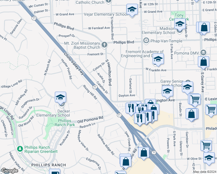 map of restaurants, bars, coffee shops, grocery stores, and more near 1805 South Hamilton Boulevard in Pomona