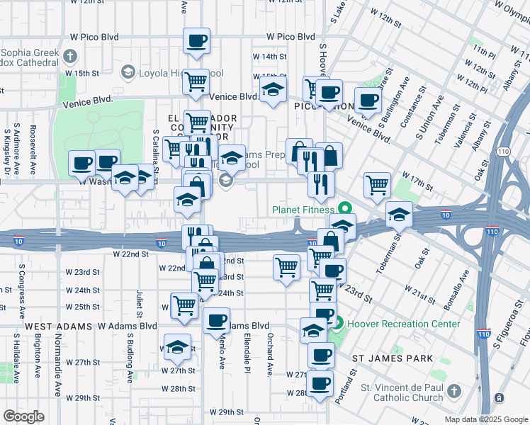 map of restaurants, bars, coffee shops, grocery stores, and more near 1445 West 20th Street in Los Angeles