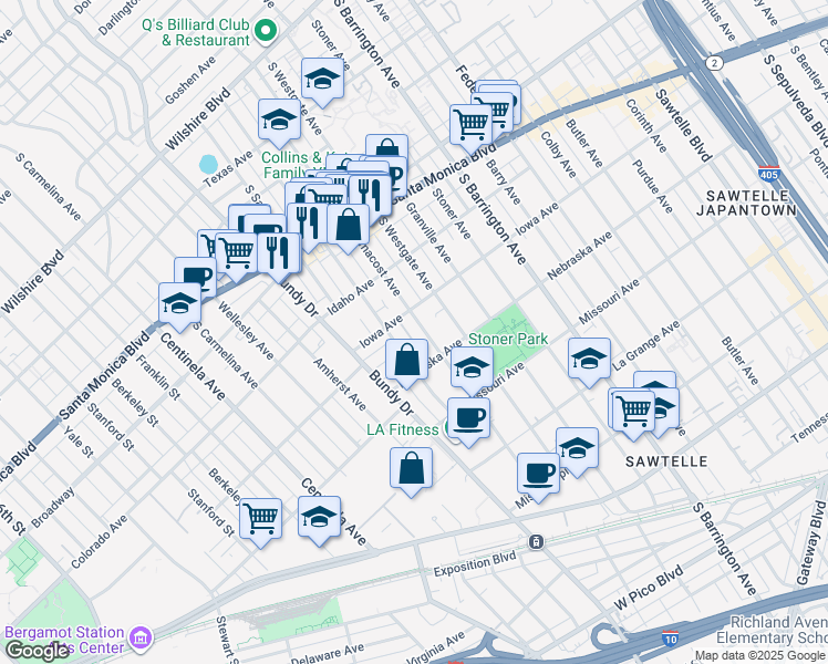 map of restaurants, bars, coffee shops, grocery stores, and more near 1721 Armacost Avenue in Los Angeles