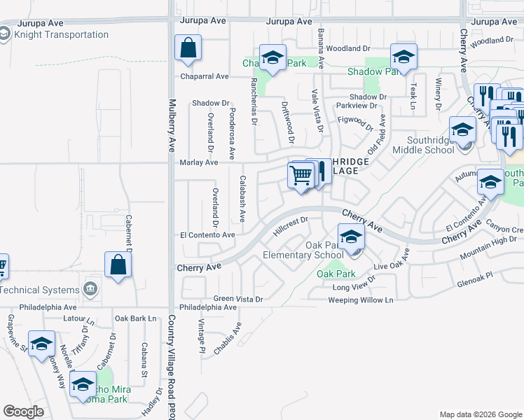 map of restaurants, bars, coffee shops, grocery stores, and more near 11837 Rancherias Drive in Fontana