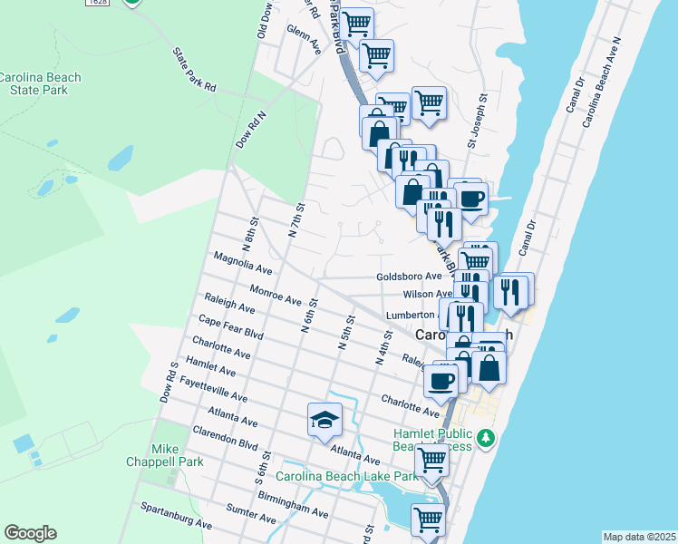 map of restaurants, bars, coffee shops, grocery stores, and more near 516 Goldsboro Avenue in Carolina Beach