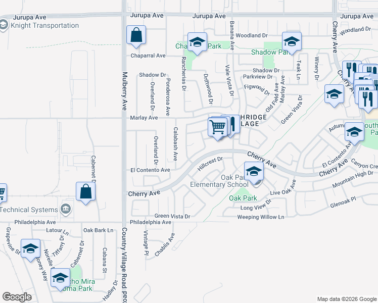 map of restaurants, bars, coffee shops, grocery stores, and more near 13965 El Contento Avenue in Fontana