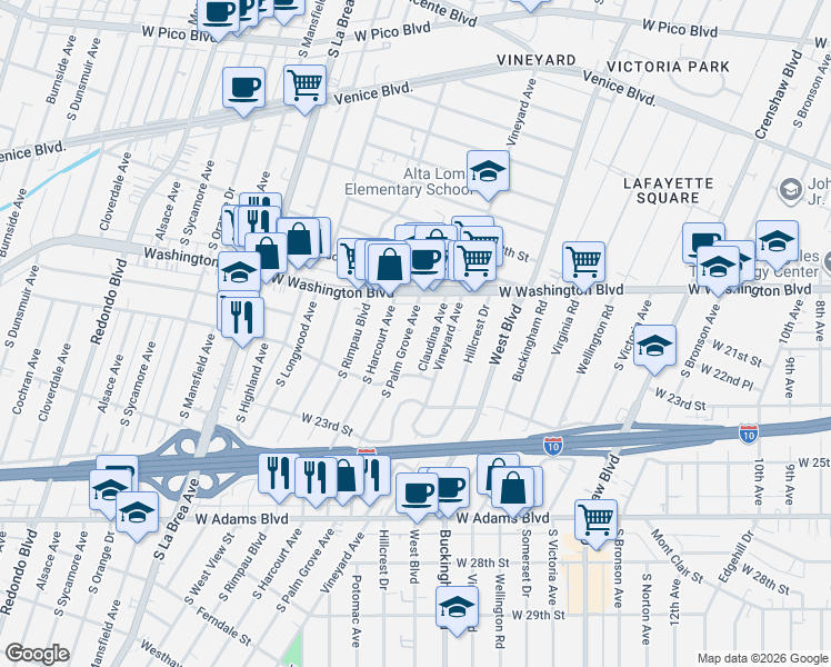 map of restaurants, bars, coffee shops, grocery stores, and more near 1950 South Palm Grove Avenue in Los Angeles