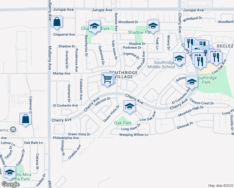 map of restaurants, bars, coffee shops, grocery stores, and more near Cherry Ave & Banana Ave in Fontana