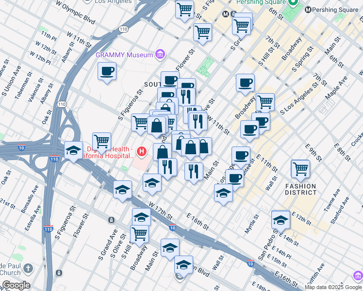 map of restaurants, bars, coffee shops, grocery stores, and more near 222 West Pico Boulevard in Los Angeles